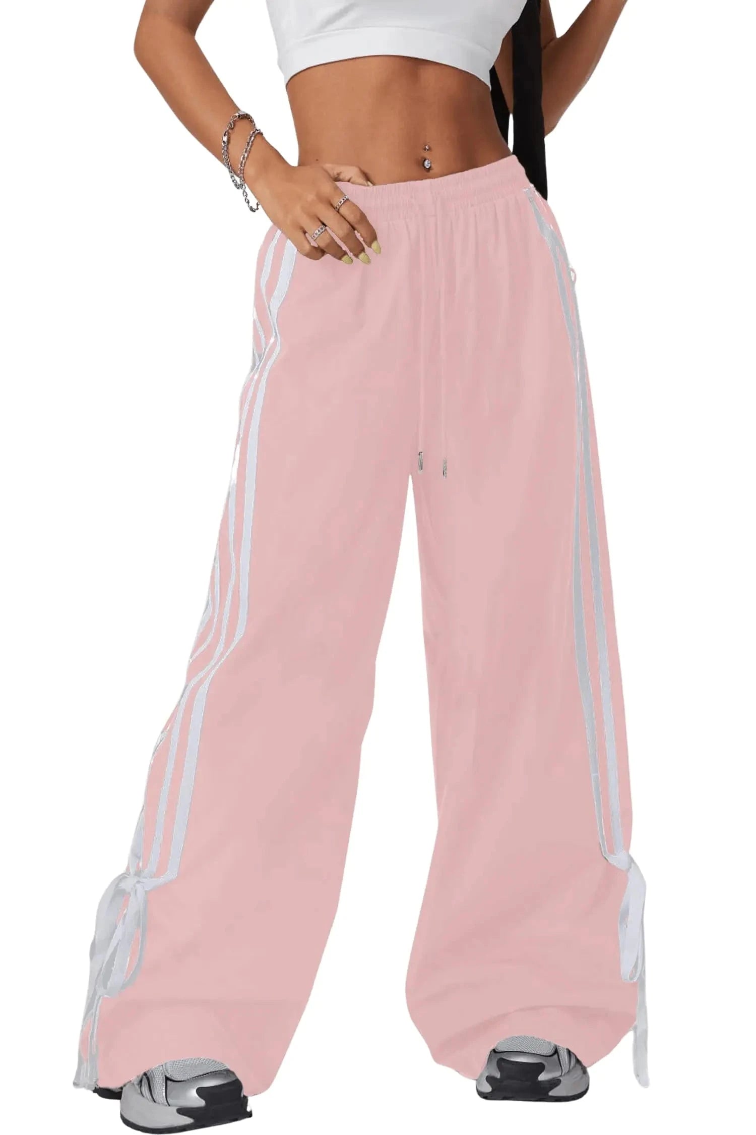BEAUDRM Womens Baggy Pants Bow Wide Leg Pants Striped Track Pants Elastic Waist Long Pants Sweatpants Parachute Pants Pink Large Trendverse Market