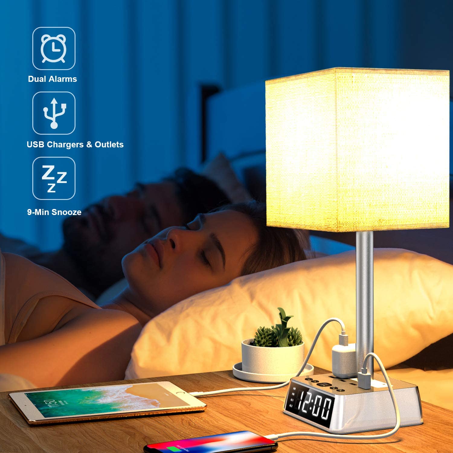 Table Lamp, 4 USB Ports & amp; AC Power Outlets, Alarm Clock
