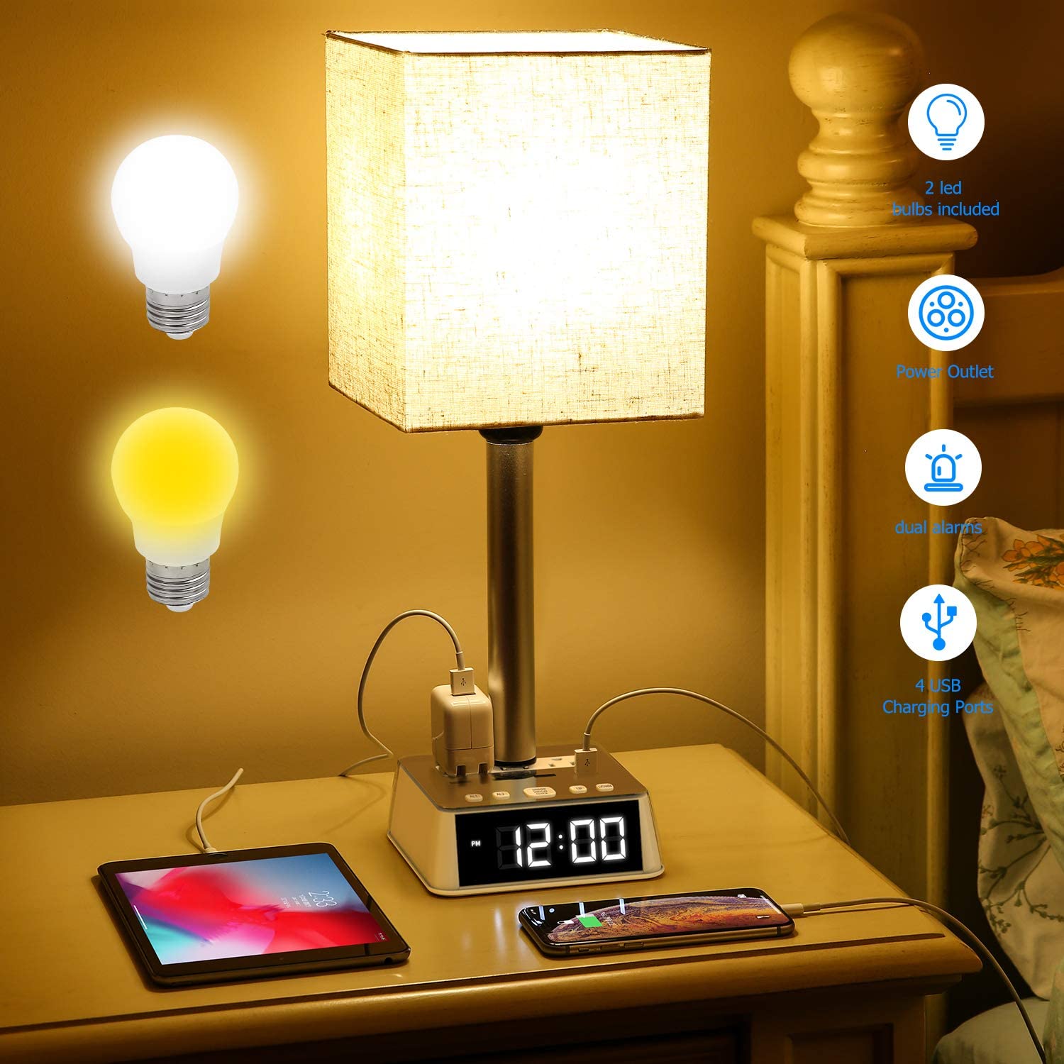 Table Lamp, 4 USB Ports & amp; AC Power Outlets, Alarm Clock
