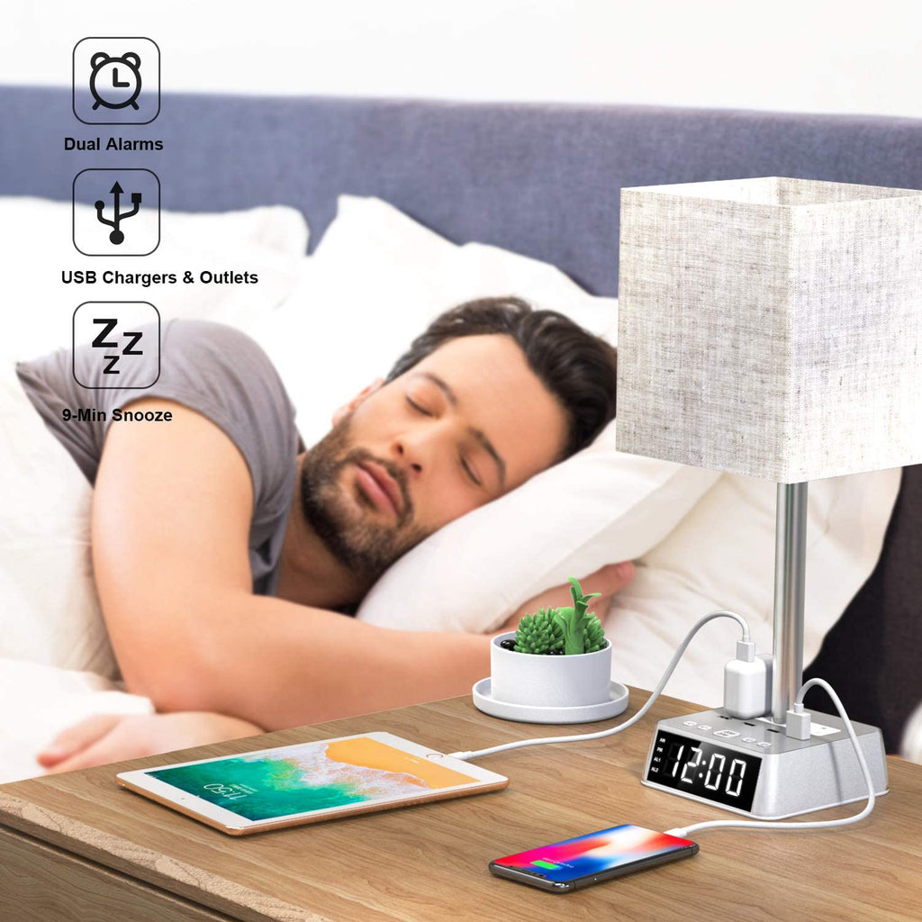 Table Lamp, 4 USB Ports & amp; AC Power Outlets, Alarm Clock