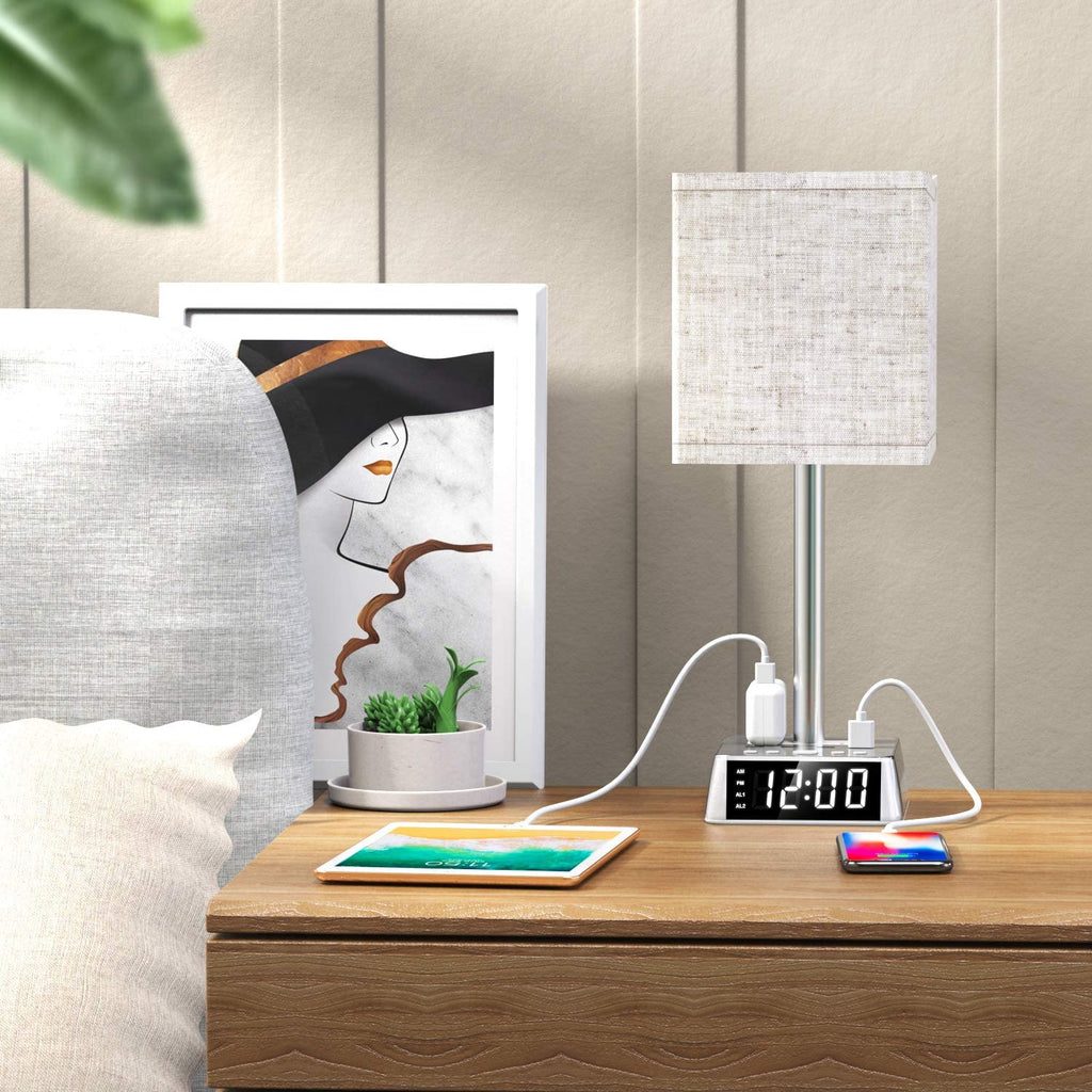 Table Lamp, 4 USB Ports & amp; AC Power Outlets, Alarm Clock