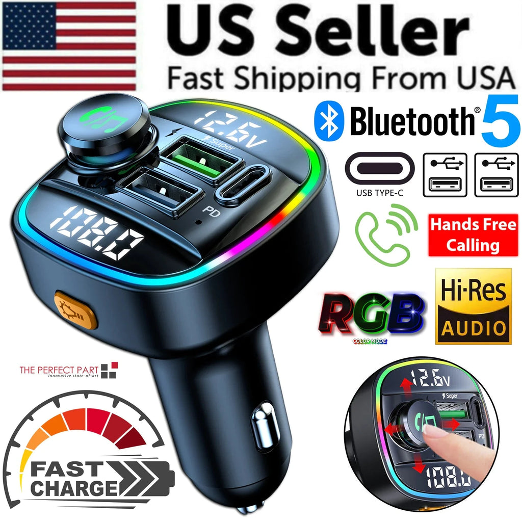 Bluetooth 5.0 Car Wireless FM Transmitter Adapter USB PD Charger AUX Hands-Free Trendverse Market
