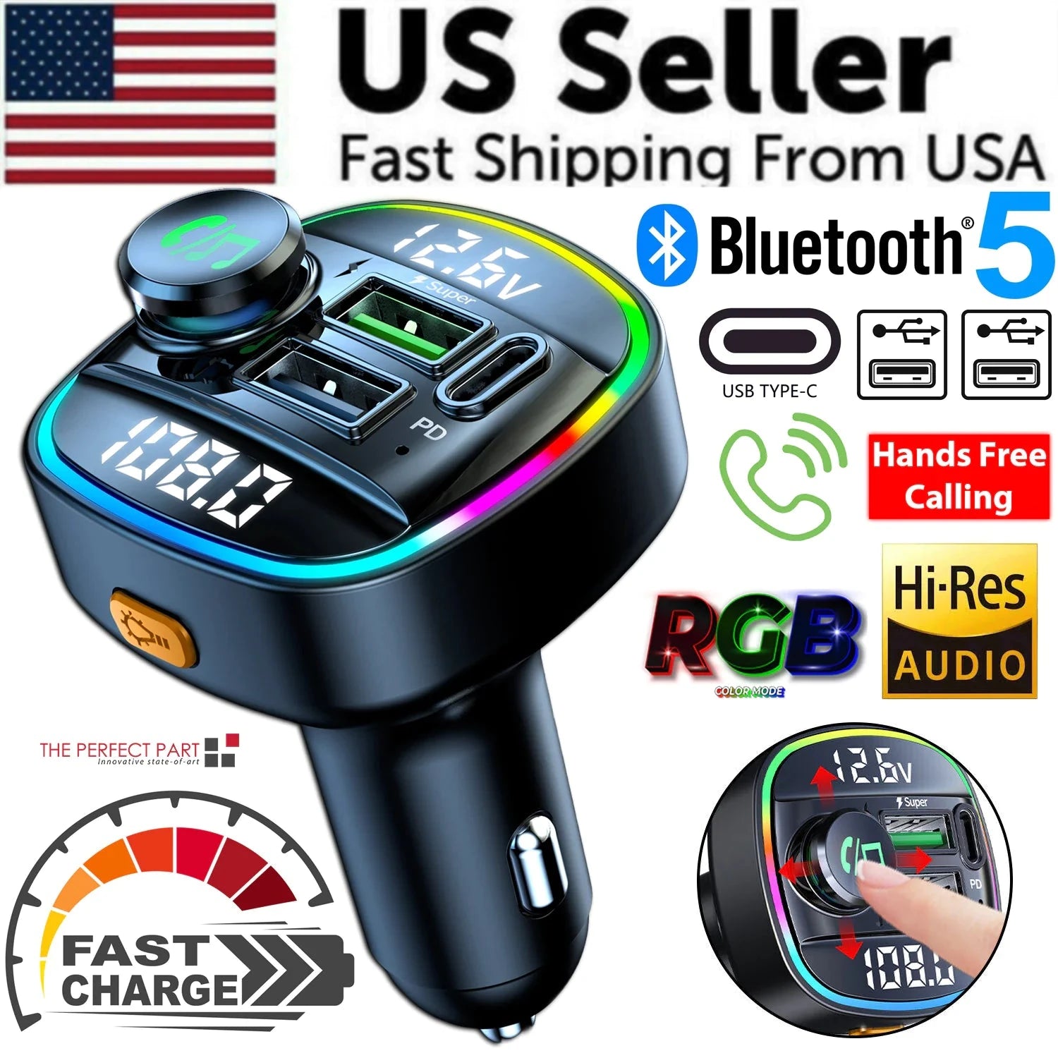 Bluetooth 5.0 Car Wireless FM Transmitter Adapter USB PD Charger AUX Hands-Free Trendverse Market