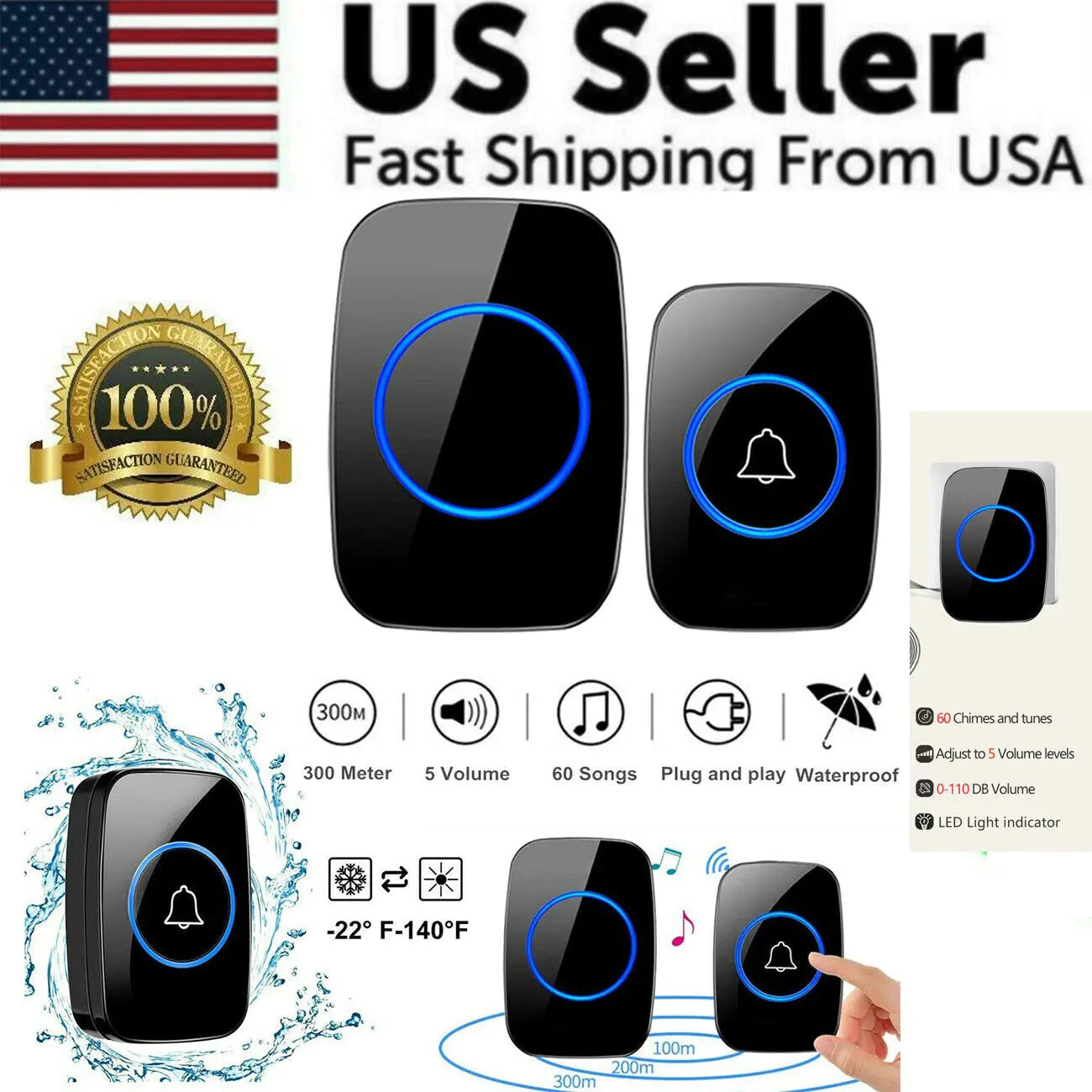 Wireless Doorbell Chime Waterproof Plugin Receiver Adjustable Volume 1000FT Kit Trendverse Market